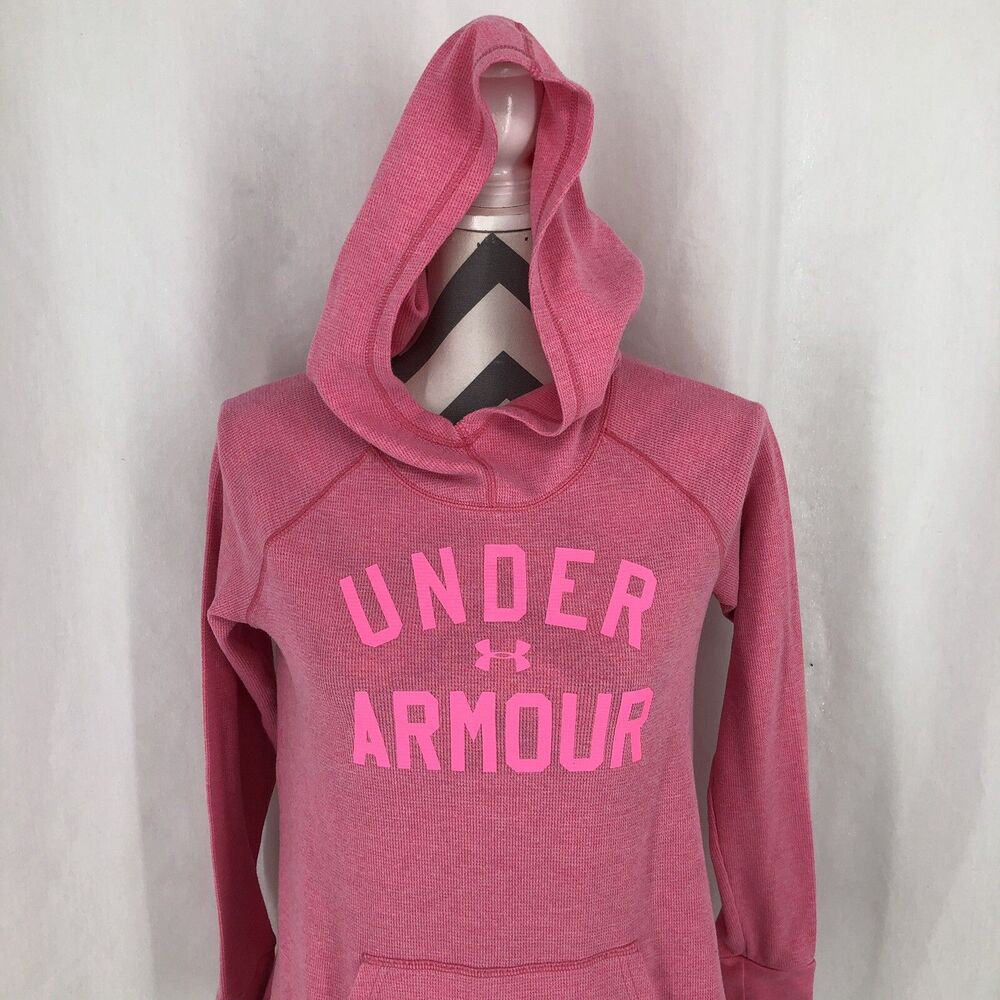 Under Armour Pink Thermal Spellout Hoodie Sweatshirt Medium 18” Pit to Pit